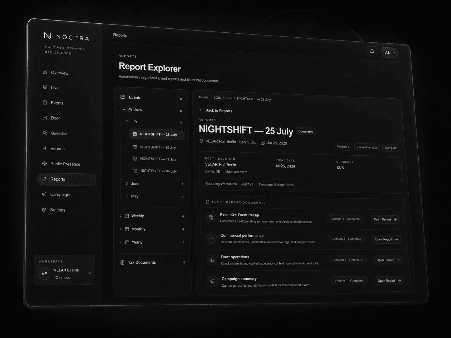 NOCTRA Reports Explorer showing organized Event and periodic reports.