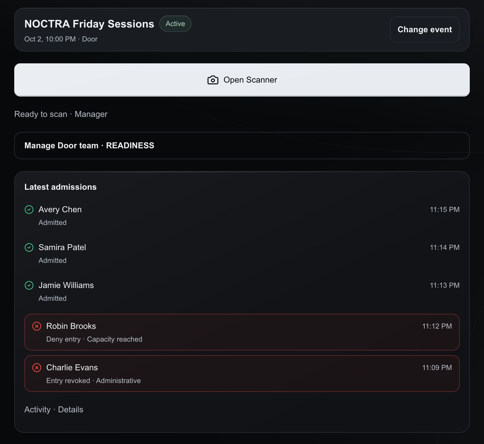 NOCTRA Door operations with synthetic admissions