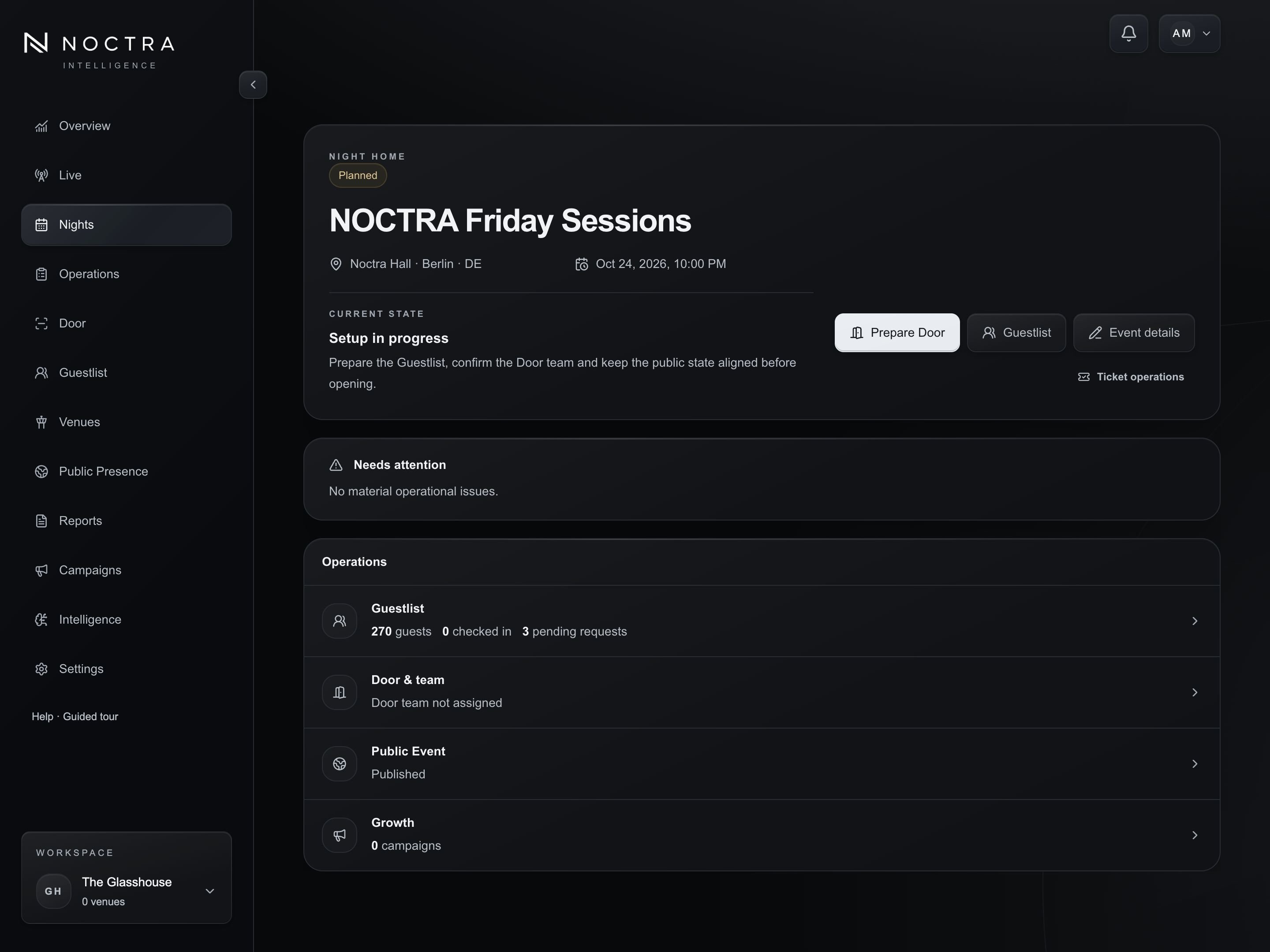 NOCTRA Event Home for NIGHTSHIFT showing the current state and Event operations.