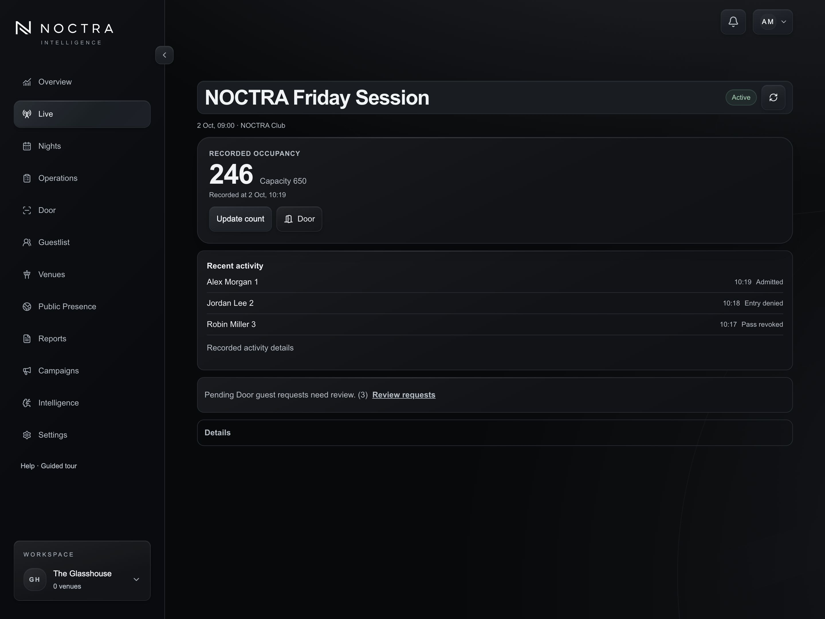 NOCTRA Live Command Center with verified occupancy and mobile Door Scanner.